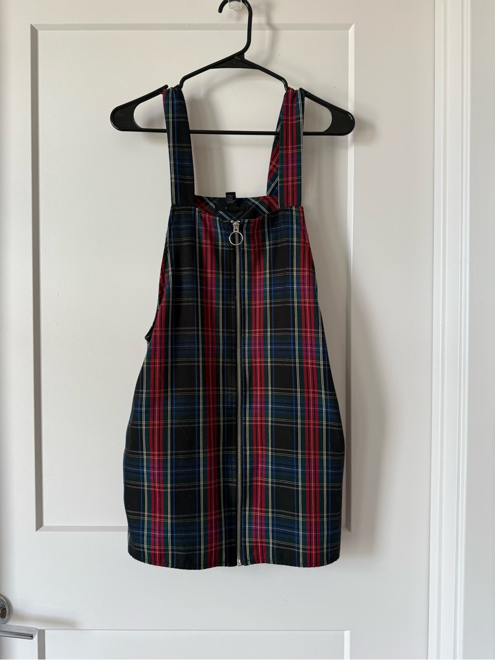 Plaid Pinafore Dress with Front Zip - Red & Blue
